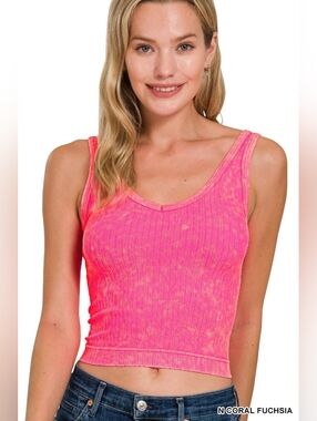Zenana Washed Ribbed Seamless Cropped V-neck Tank Top
